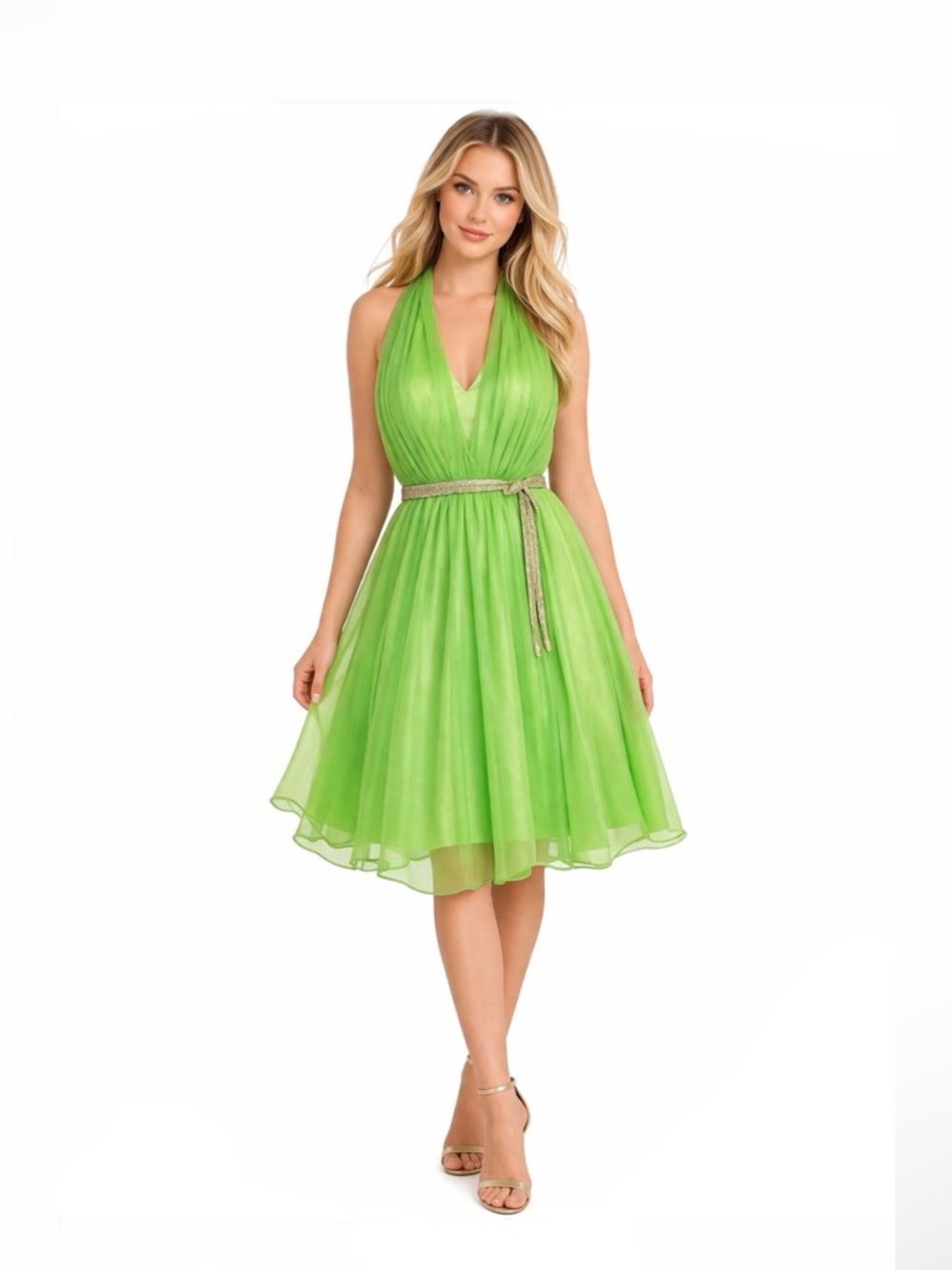 Elegant Lime Green Party Time Halter Top Style Formal Dress Size 6 by Lisa Kane